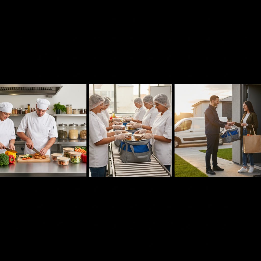 Meal prep containers being portioned and packaged in commercial kitchen