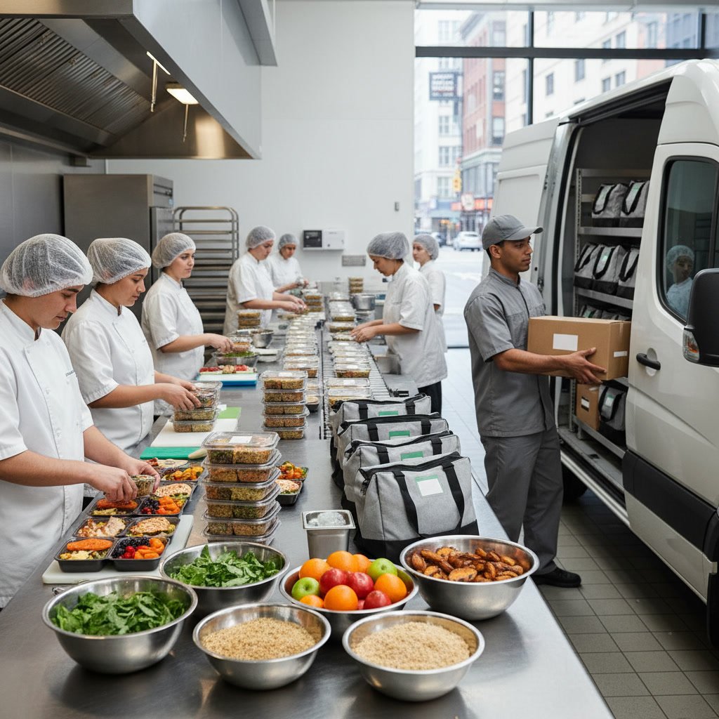 Prepared meal containers packed with ice for delivery from kitchen to customer door